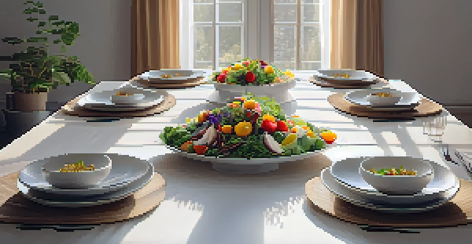 A beautifully set dining table for mindful eating with colorful vegan dishes and fresh flowers, creating a peaceful atmosphere.