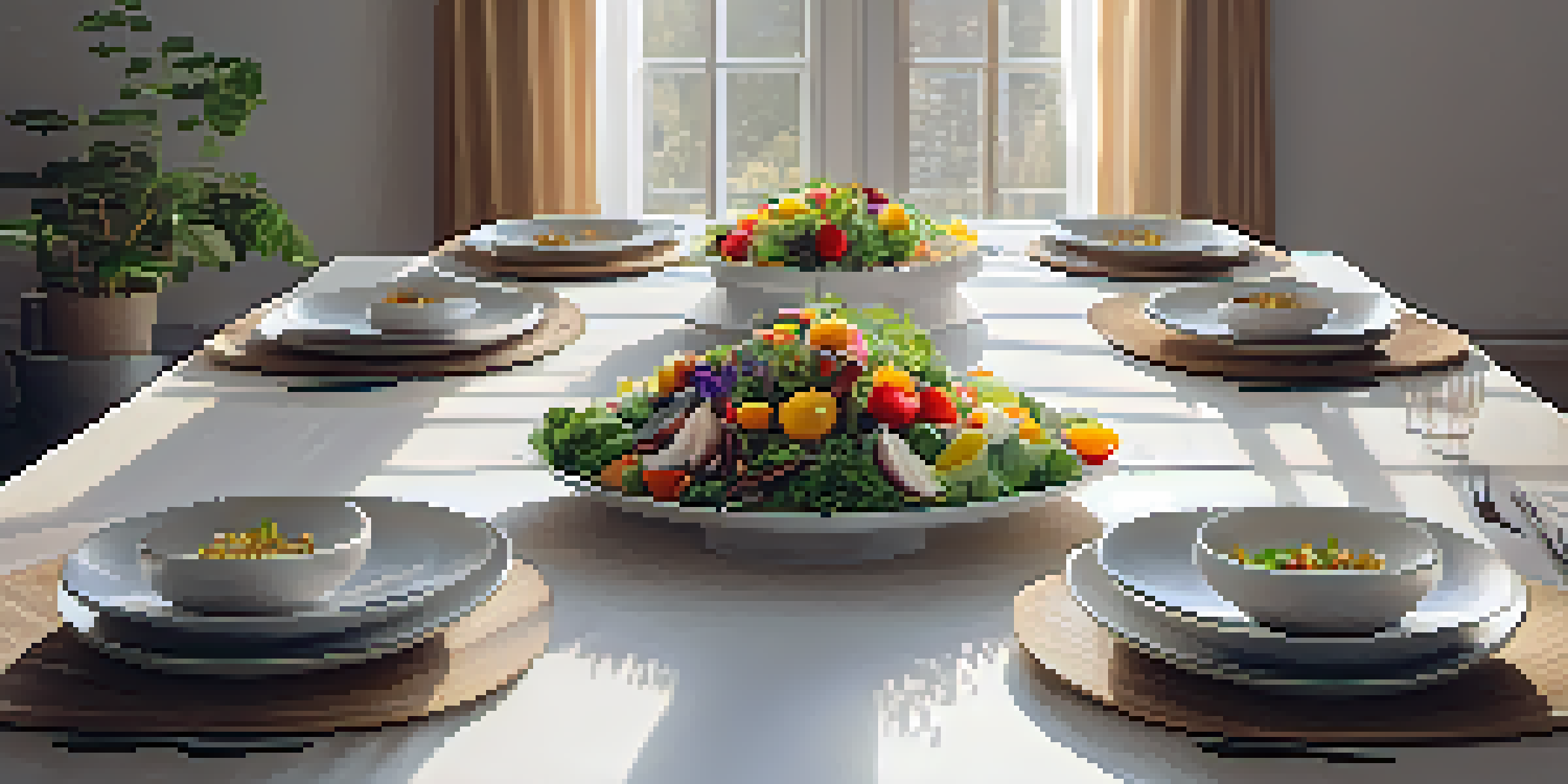 A beautifully set dining table for mindful eating with colorful vegan dishes and fresh flowers, creating a peaceful atmosphere.