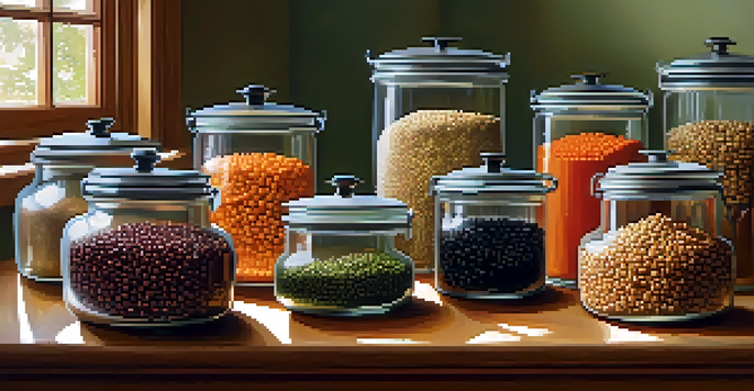 A colorful display of different legumes in glass jars on a wooden countertop, surrounded by fresh vegetables and illuminated by natural light.