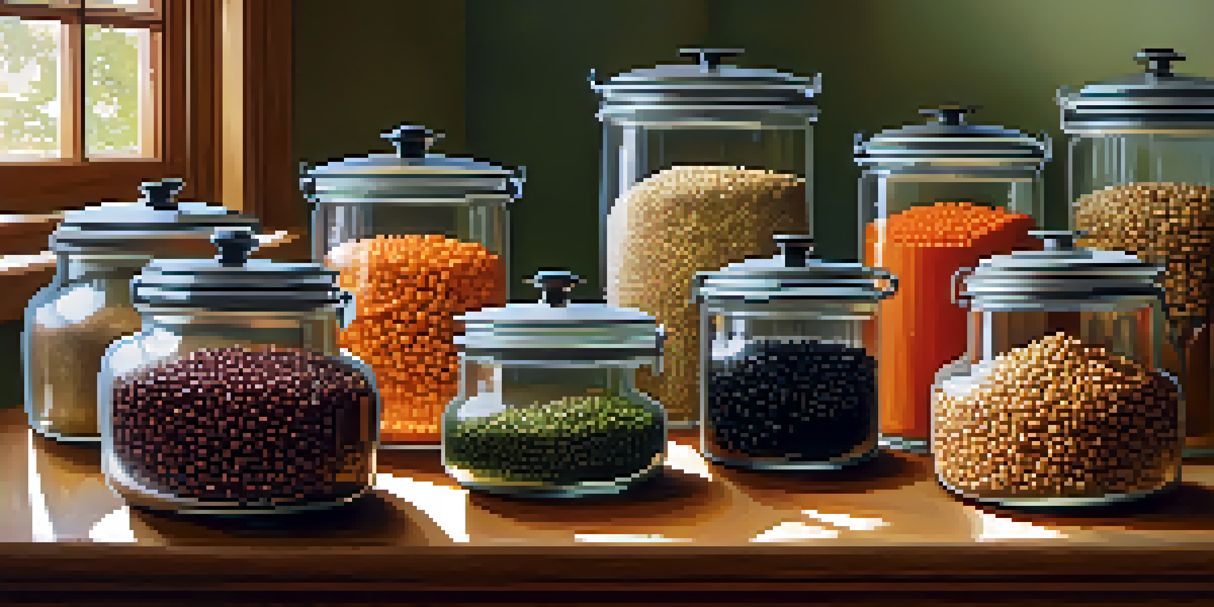 A colorful display of different legumes in glass jars on a wooden countertop, surrounded by fresh vegetables and illuminated by natural light.