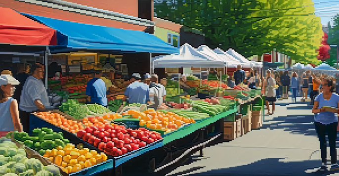 A bustling vegan market in Portland with colorful stalls of fresh produce and people enjoying the atmosphere.