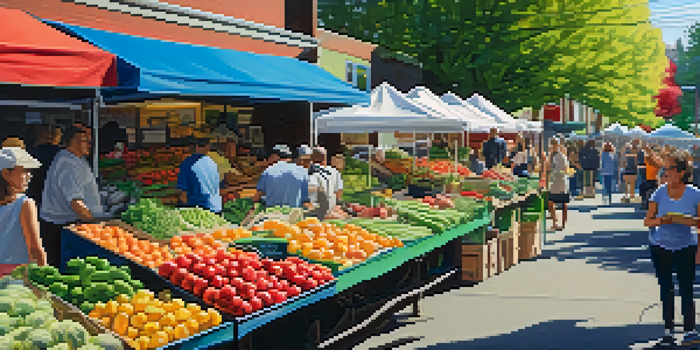 A bustling vegan market in Portland with colorful stalls of fresh produce and people enjoying the atmosphere.