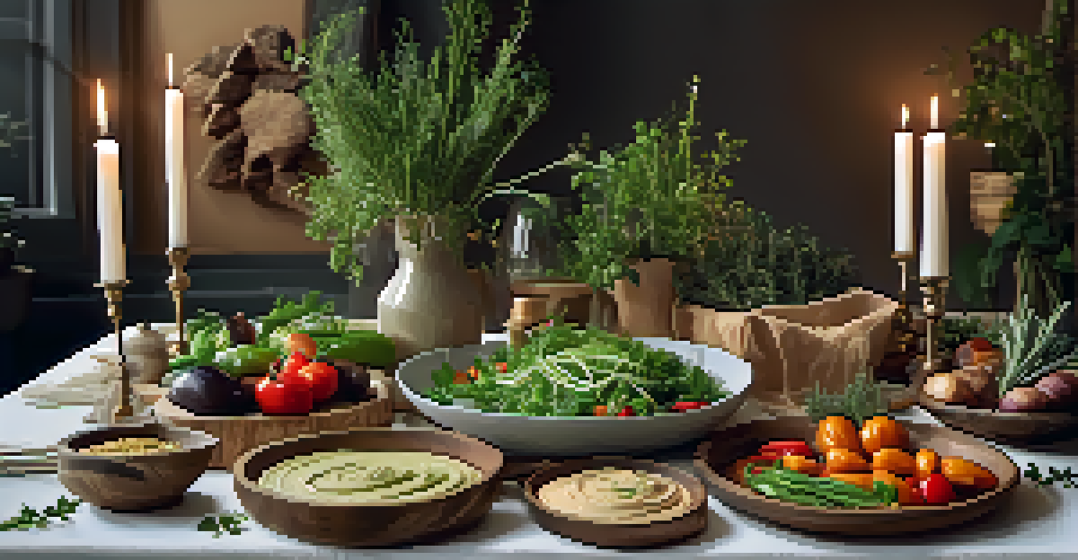 A beautifully arranged table for a vegan dinner, featuring various plant-based dishes, herbs, and candles in soft lighting.