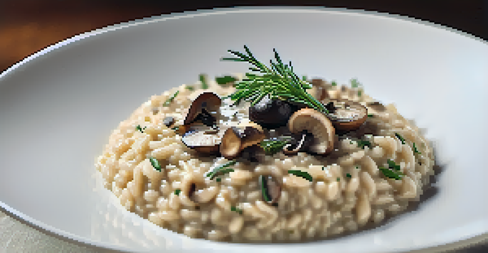 A bowl of creamy mushroom risotto with thyme and truffle oil, garnished with sautéed mushrooms.