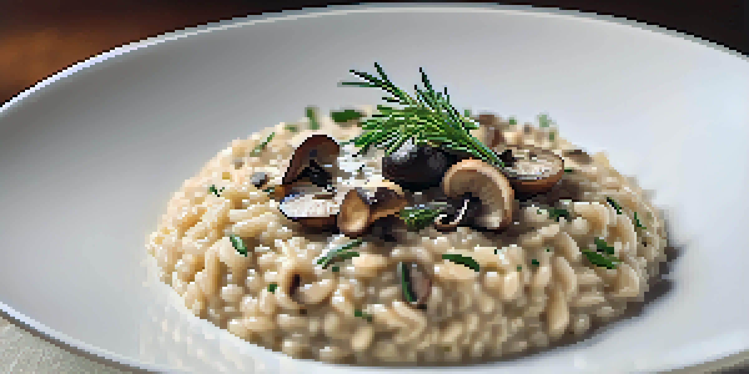 A bowl of creamy mushroom risotto with thyme and truffle oil, garnished with sautéed mushrooms.