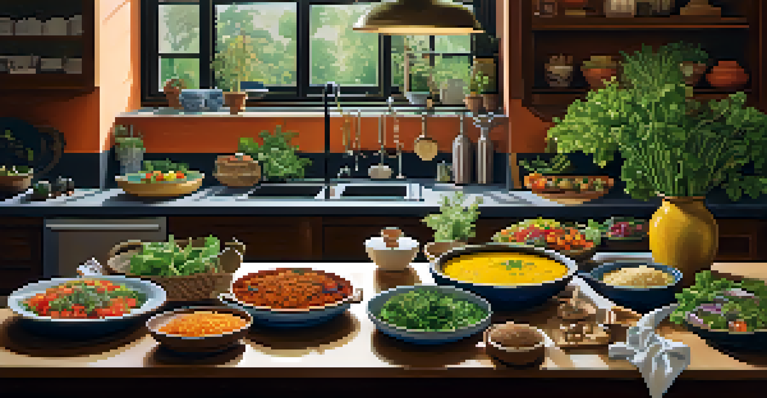 A kitchen scene with seasonal local ingredients and beautifully arranged colorful plant-based dishes like salad and curry.