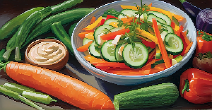 A colorful display of fresh vegetables like carrots, cucumbers, and bell peppers next to a bowl of hummus, highlighting the freshness and vibrancy of the snack.
