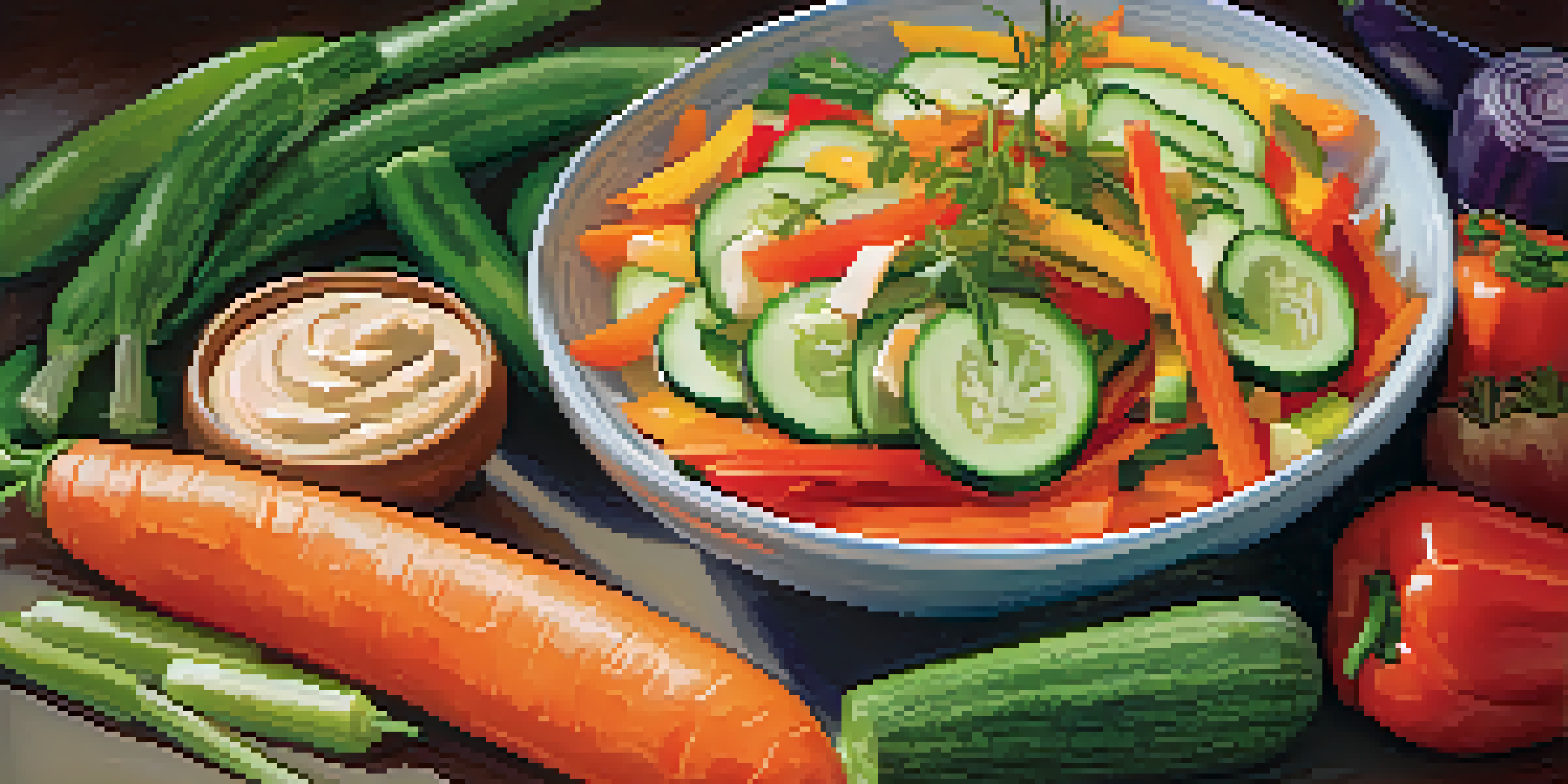 A colorful display of fresh vegetables like carrots, cucumbers, and bell peppers next to a bowl of hummus, highlighting the freshness and vibrancy of the snack.