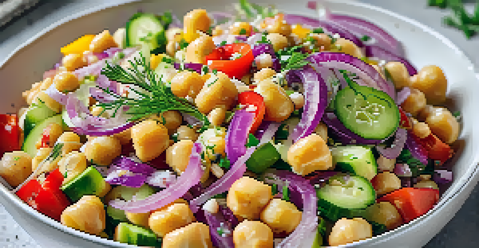 A close-up of a colorful chickpea salad with dried dill and lemon, set against a neutral background.