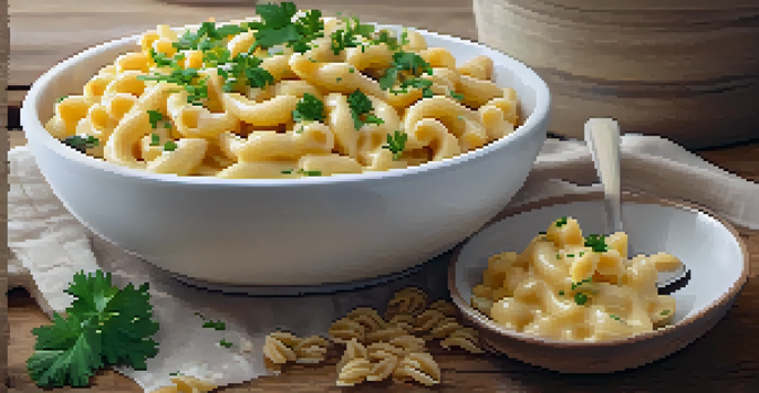 A bowl of creamy vegan mac and cheese with fresh parsley on top, set on a rustic wooden table.