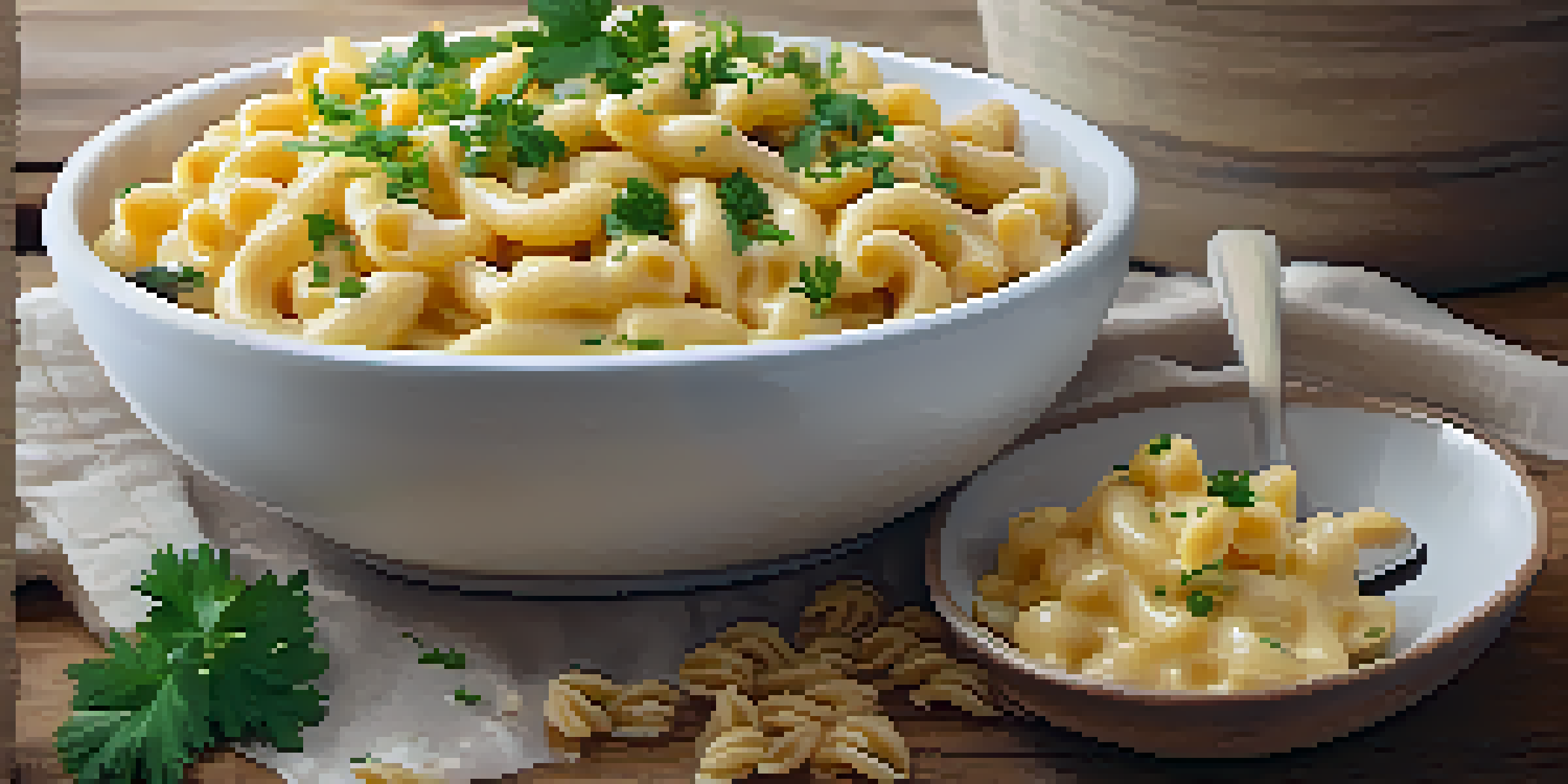 A bowl of creamy vegan mac and cheese with fresh parsley on top, set on a rustic wooden table.