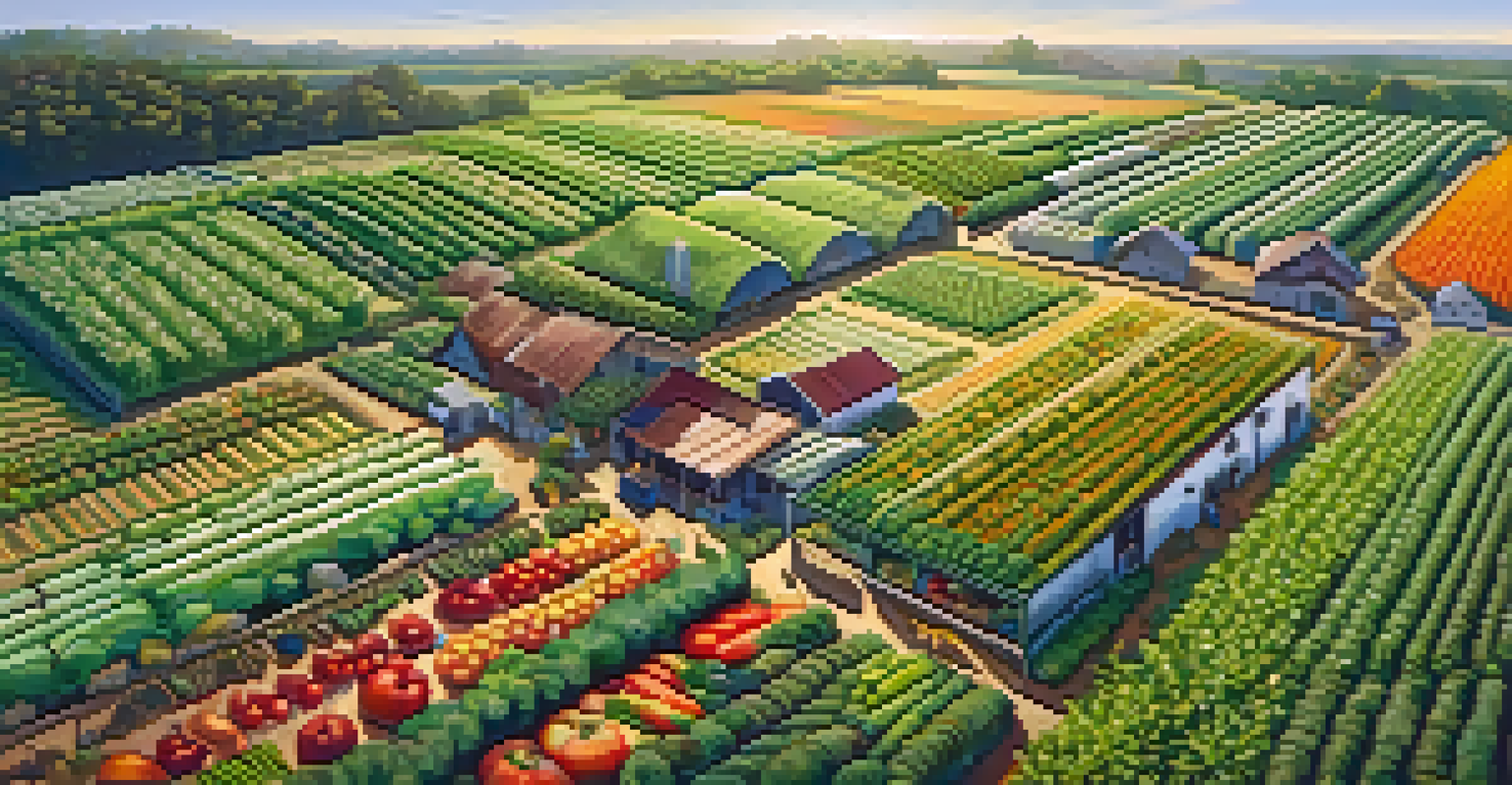 An aerial perspective of an organic farm with various crops, bordered by a natural forest and a small pond.