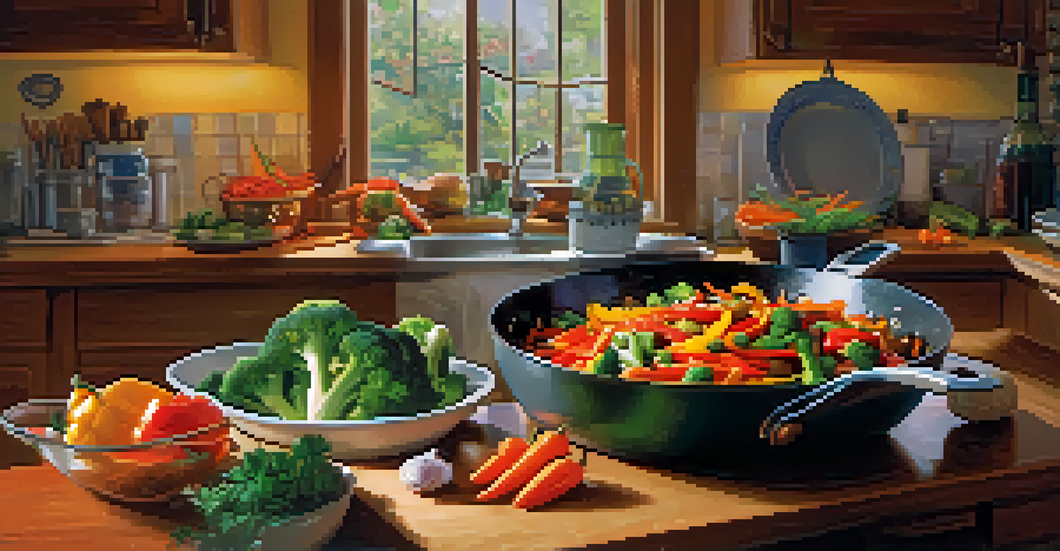 A vibrant veggie stir-fry being cooked in a small kitchen, showcasing colorful vegetables in a frying pan with a bowl of quinoa in the background.