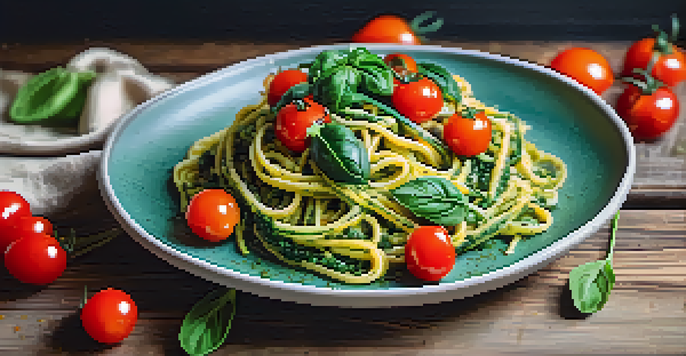 A visually appealing plate of pasta made with spiralized zucchini, topped with a green spinach sauce and cherry tomatoes.