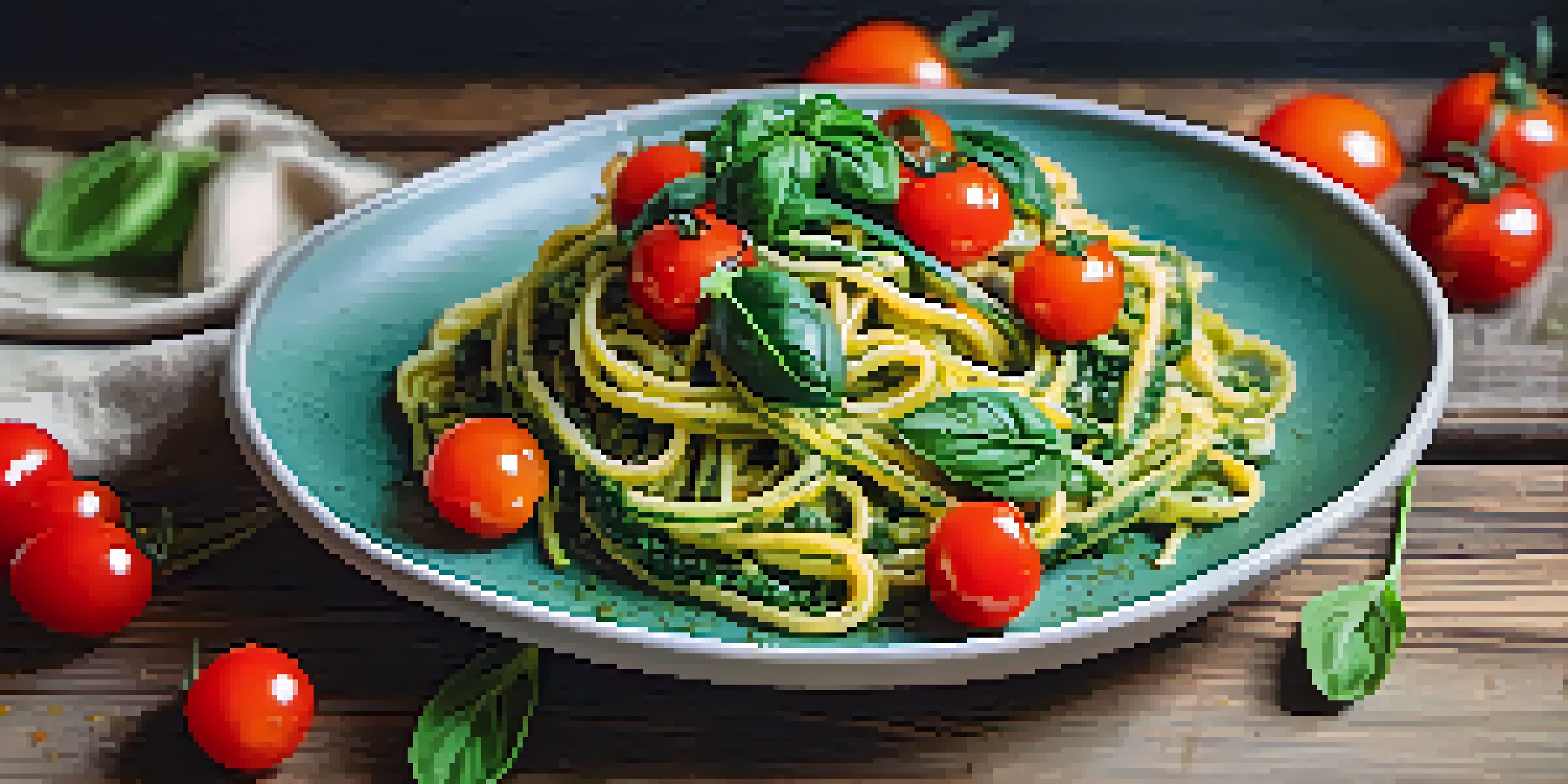 A visually appealing plate of pasta made with spiralized zucchini, topped with a green spinach sauce and cherry tomatoes.