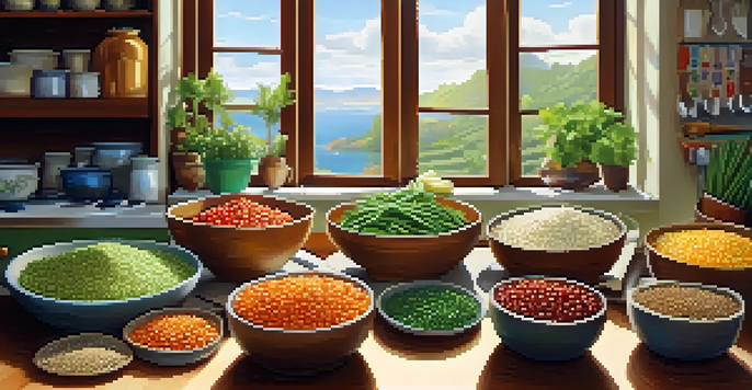 A colorful array of vegan meal prep bowls displayed on a wooden kitchen table, with fresh vegetables and grains, illuminated by soft sunlight.