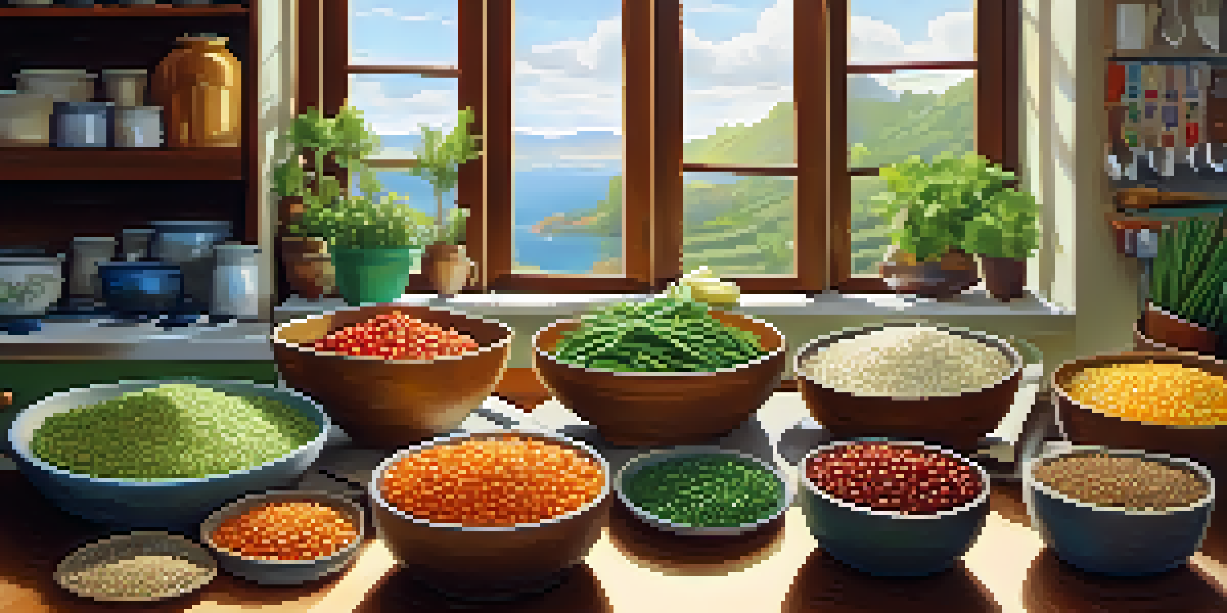 A colorful array of vegan meal prep bowls displayed on a wooden kitchen table, with fresh vegetables and grains, illuminated by soft sunlight.