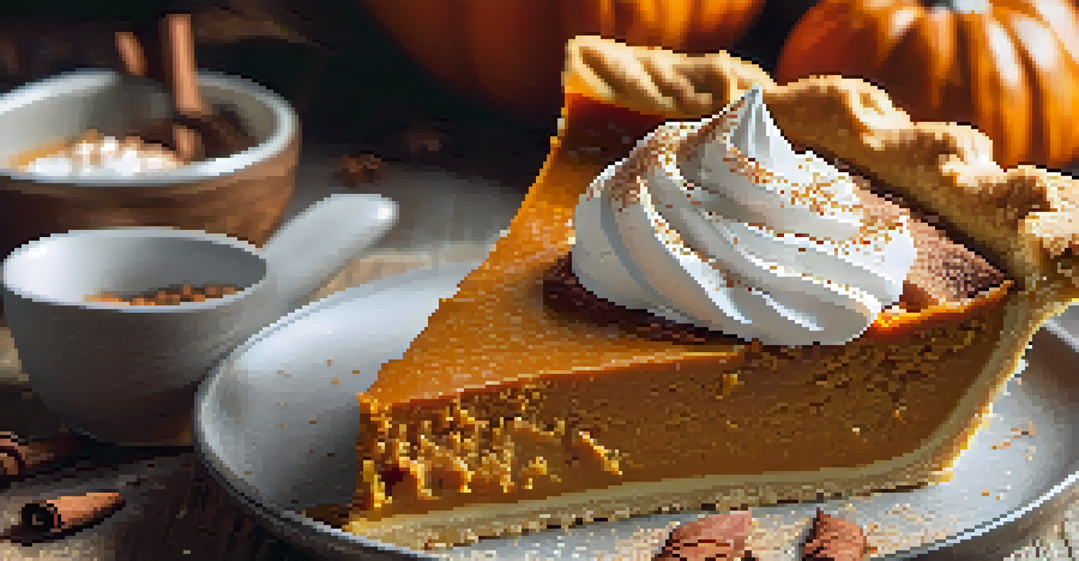 A close-up of a slice of vegan pumpkin pie topped with coconut whipped cream and cinnamon on a rustic wooden table, illuminated by soft natural light.