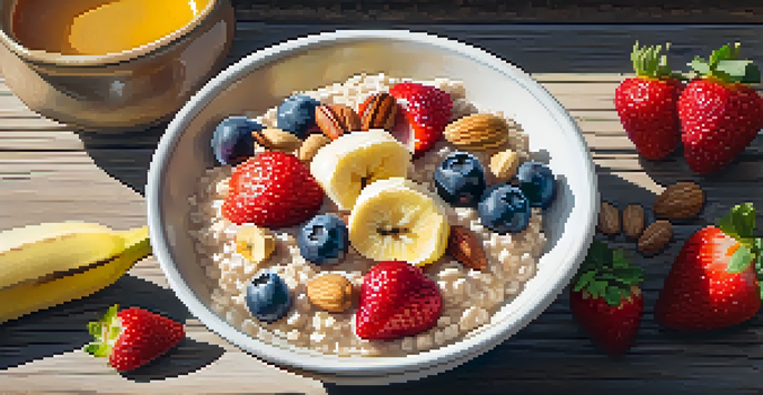 A bowl of oatmeal topped with fresh fruits and nuts, illuminated by morning sunlight.