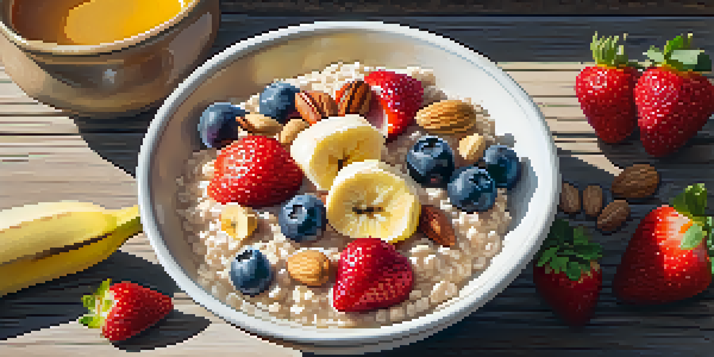 A bowl of oatmeal topped with fresh fruits and nuts, illuminated by morning sunlight.