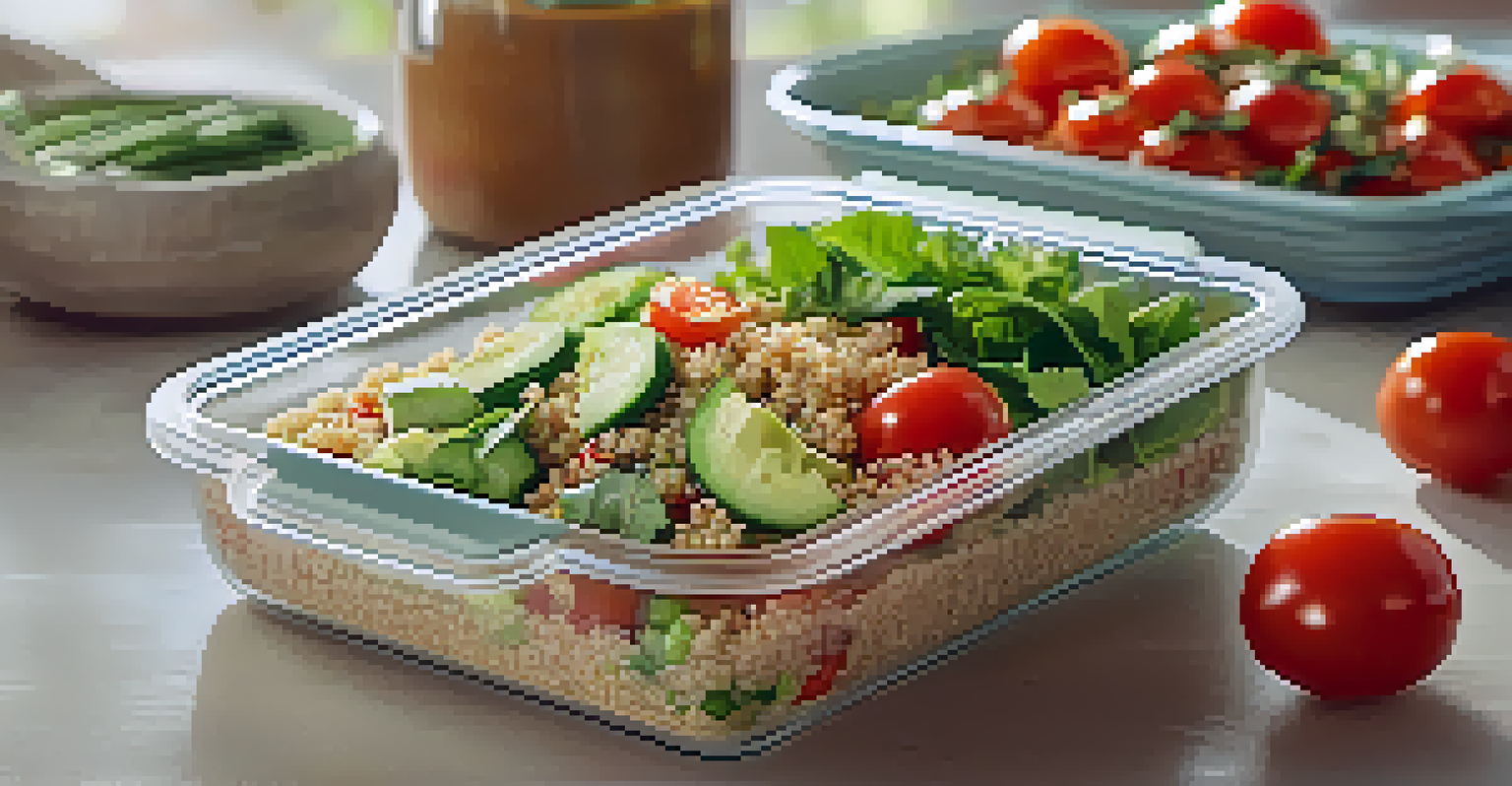 A close-up of a hand holding a glass container filled with a colorful quinoa salad, against a cozy kitchen backdrop.