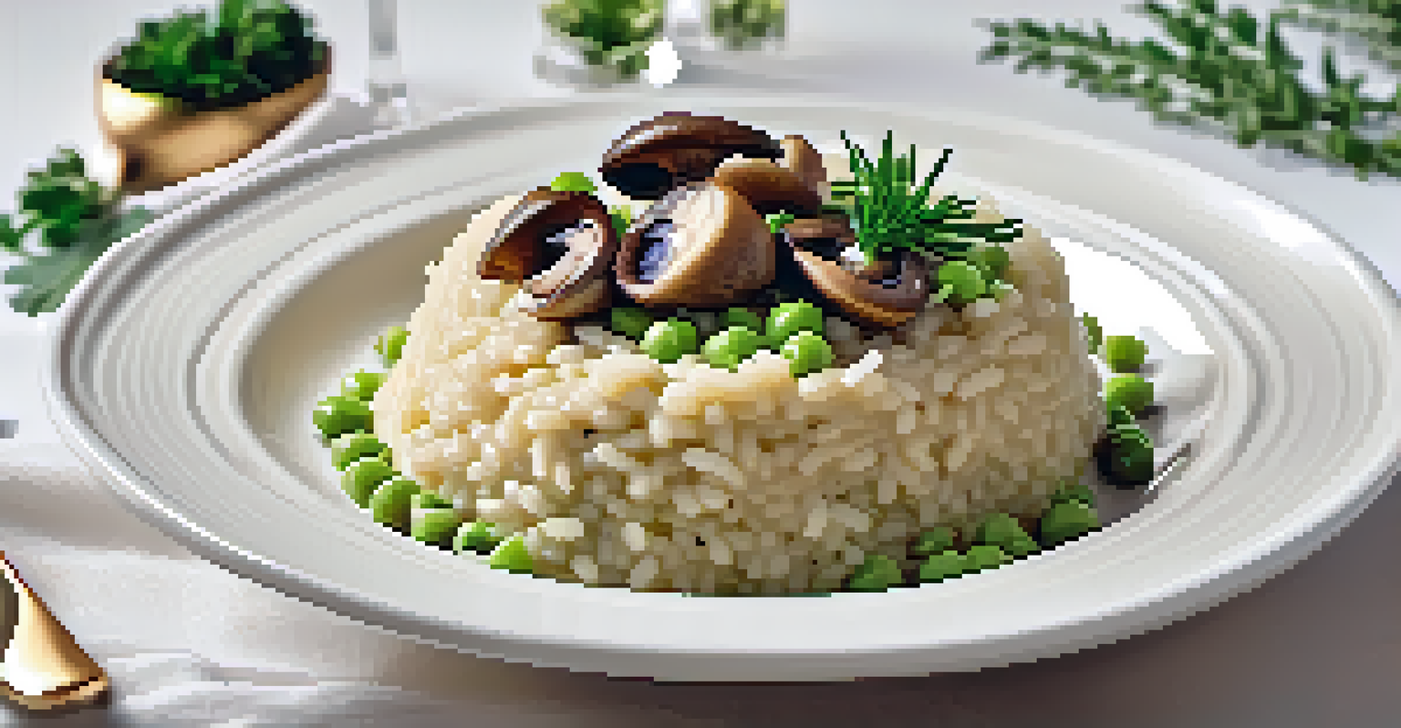 A bowl of creamy vegan risotto topped with mushrooms and peas, presented on a table with candlelight and herbs.