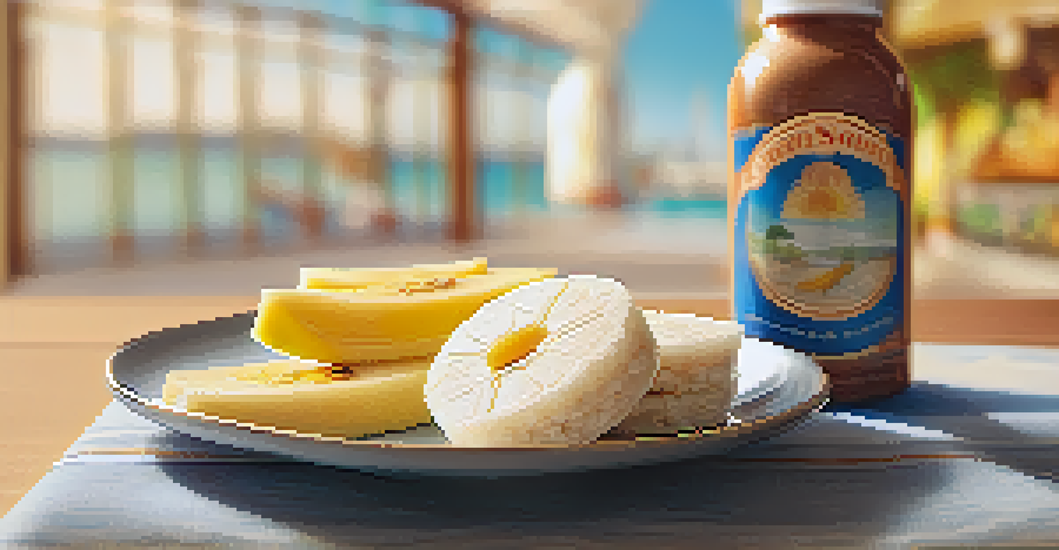 A rice cake topped with almond butter and banana slices on a decorative plate, set against a blurred travel-themed background.