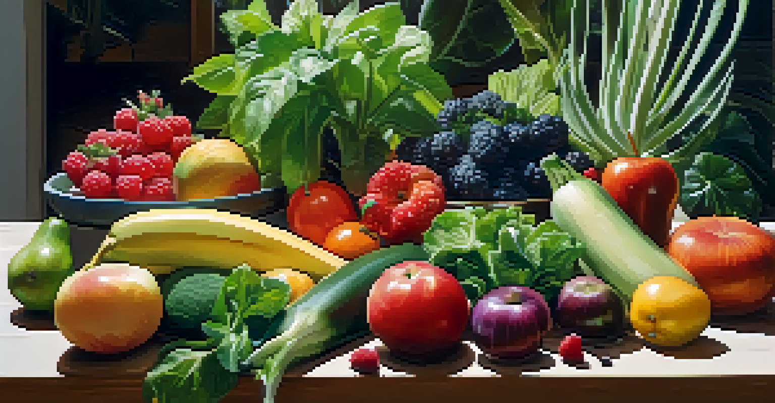 An artistic arrangement of fresh fruits and vegetables on a wooden table, highlighting the diversity of plant-based foods.
