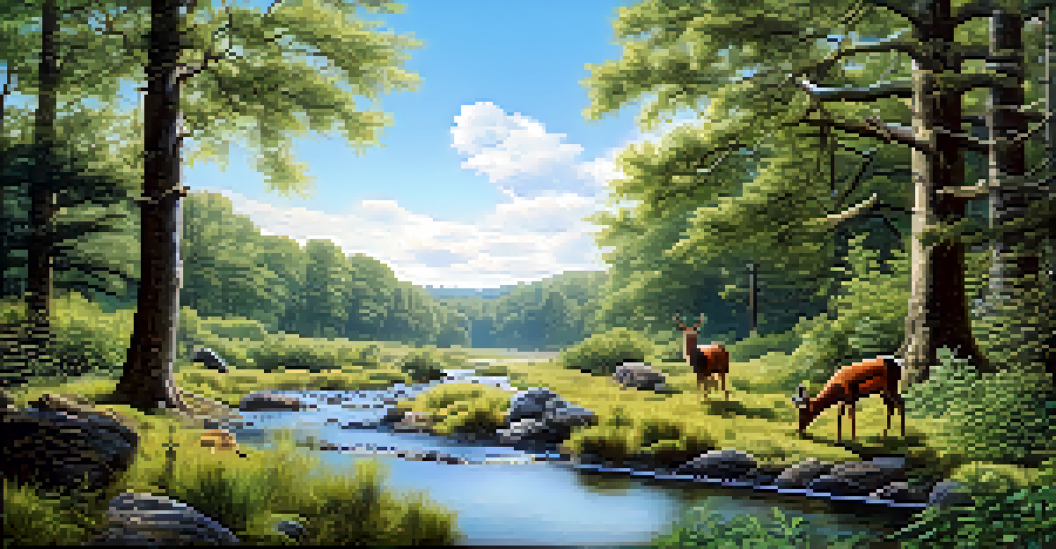 A peaceful forest scene with a variety of trees, a clear sky, and wildlife like birds and a deer near a stream.