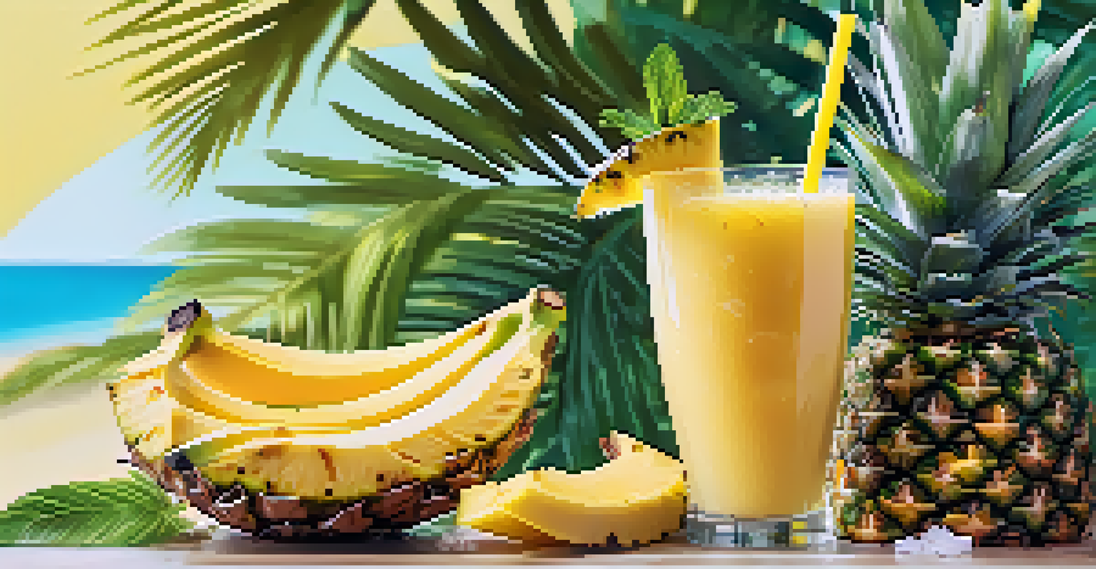 A tropical smoothie in a colorful glass with pineapple and mint garnishes, surrounded by tropical plants.
