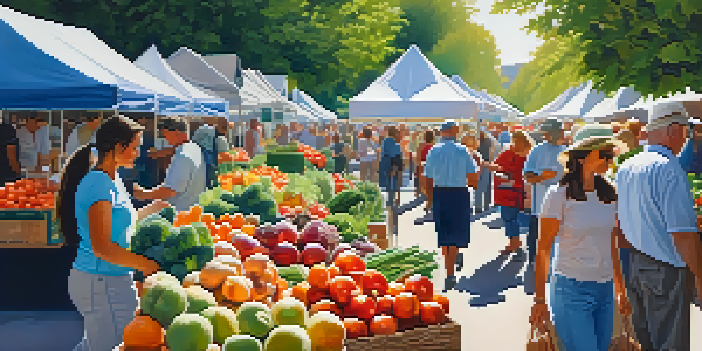 A bustling farmers' market filled with colorful organic fruits and vegetables, with people shopping and interacting under the sunlight.