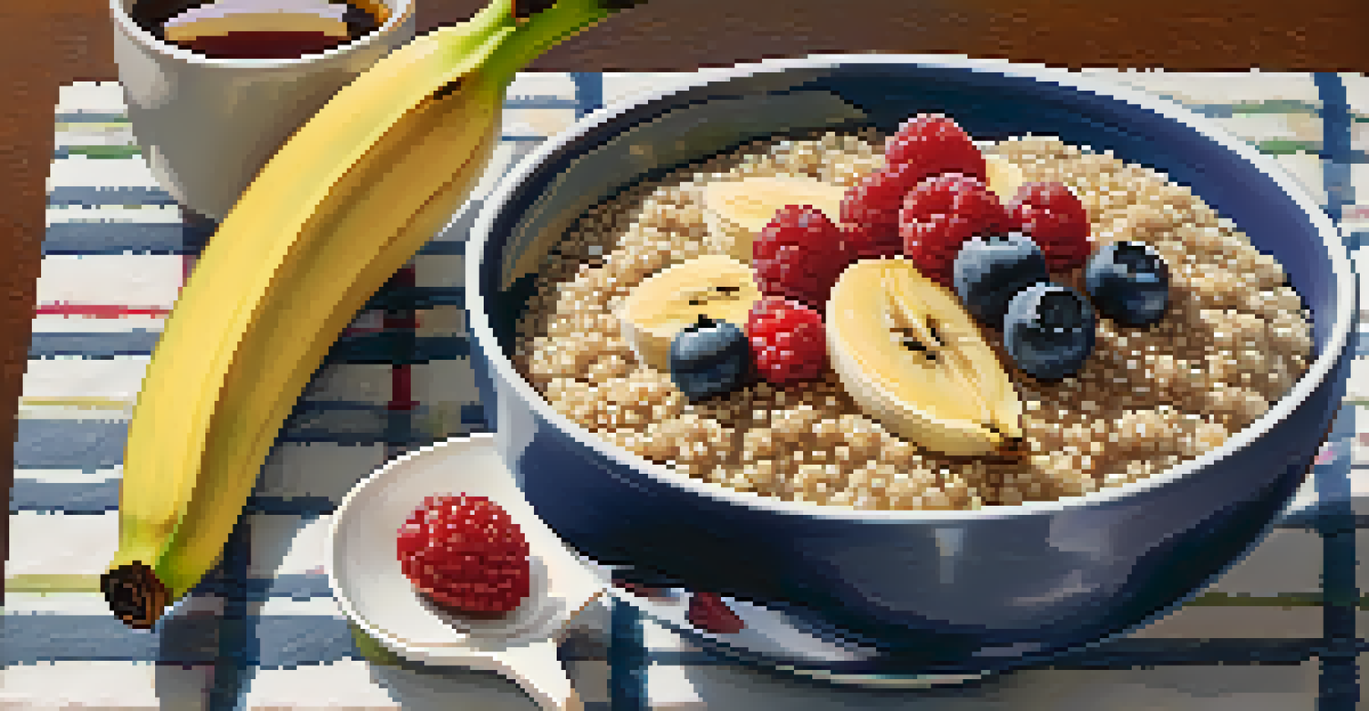 A quinoa breakfast bowl with fruits and maple syrup on a colorful tablecloth with a cup of tea.
