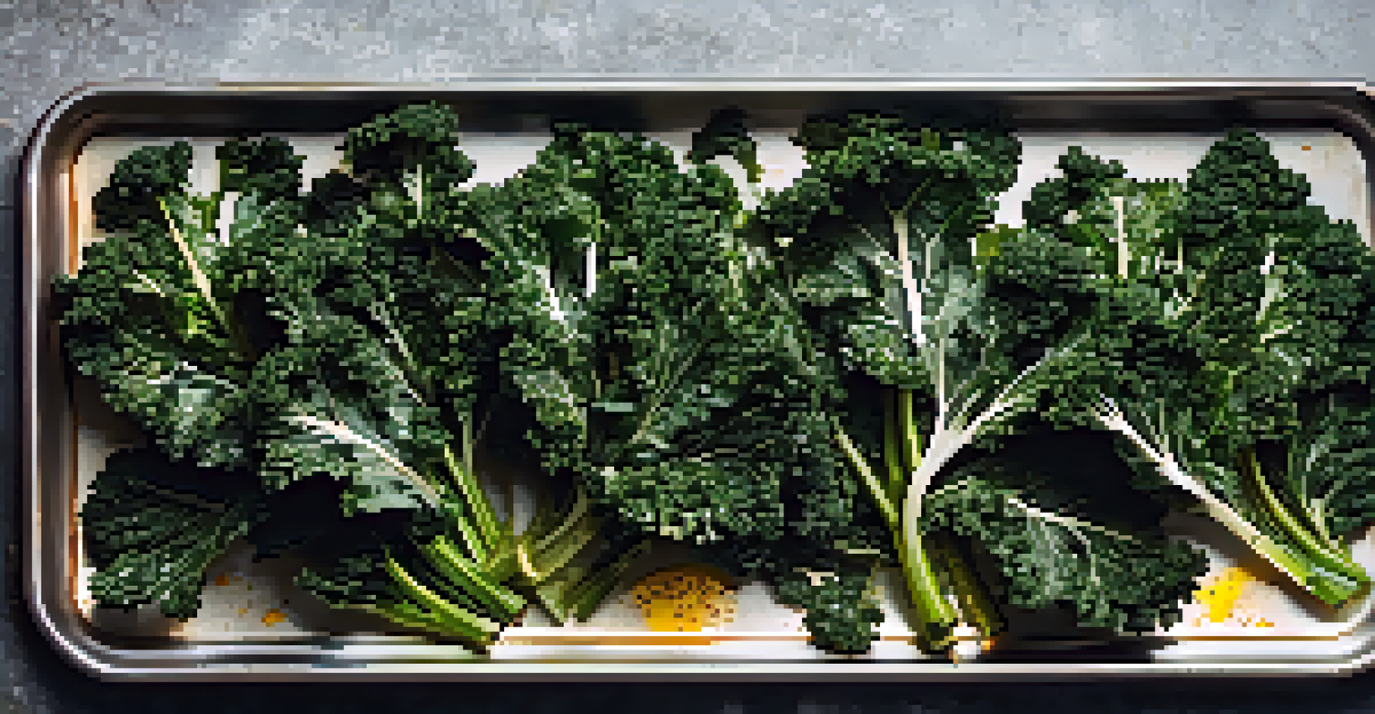 Crispy kale chips on a baking tray, showcasing their texture and seasoning.