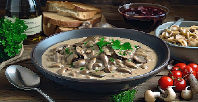 A bowl of creamy vegan mushroom stroganoff on a rustic table, garnished with parsley and a glass of red wine.