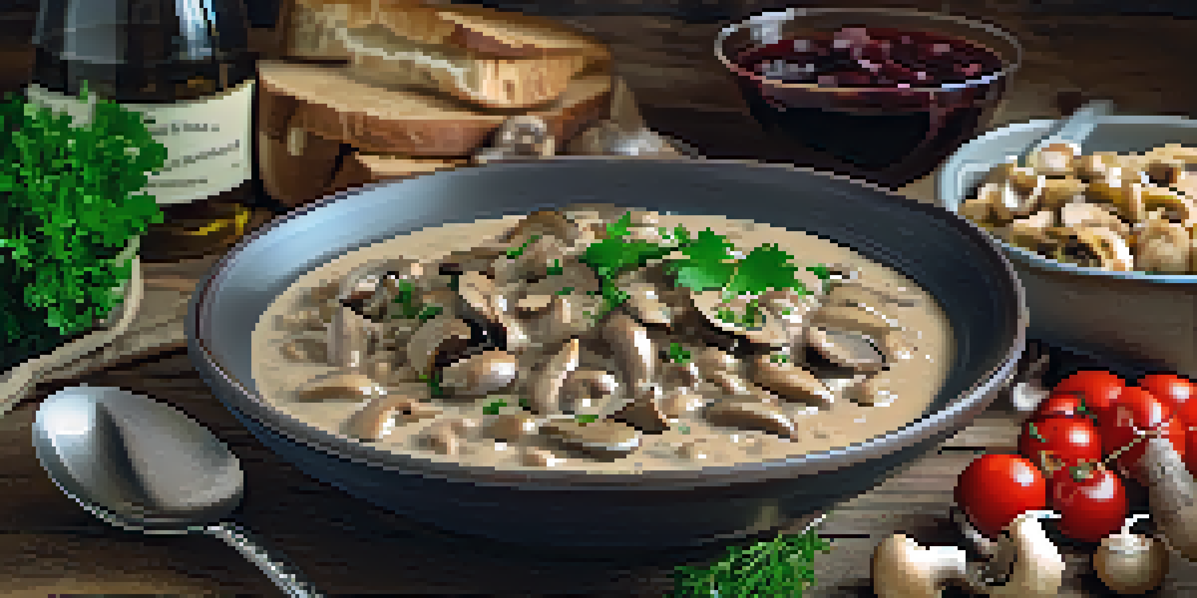 A bowl of creamy vegan mushroom stroganoff on a rustic table, garnished with parsley and a glass of red wine.