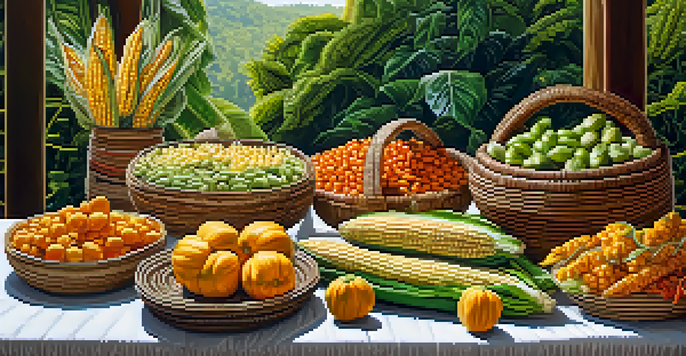 A table filled with colorful traditional Indigenous foods like corn, beans, and squash, set in a peaceful outdoor environment with greenery and soft sunlight.