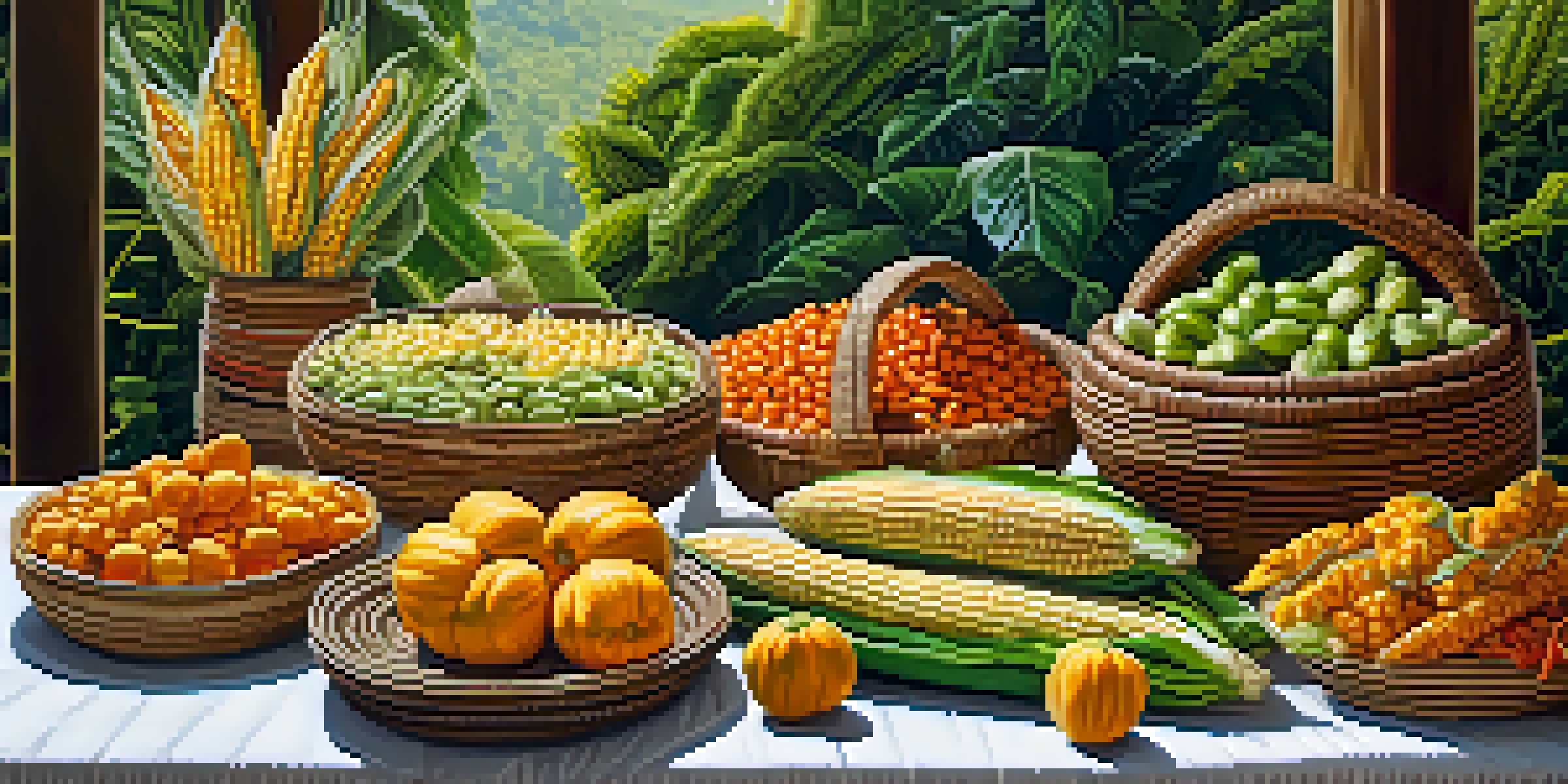 A table filled with colorful traditional Indigenous foods like corn, beans, and squash, set in a peaceful outdoor environment with greenery and soft sunlight.