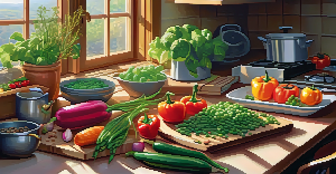 A bright kitchen with fresh vegetables, legumes, and grains on a wooden table, sunlight streaming through a window, and a simmering pot in the background.