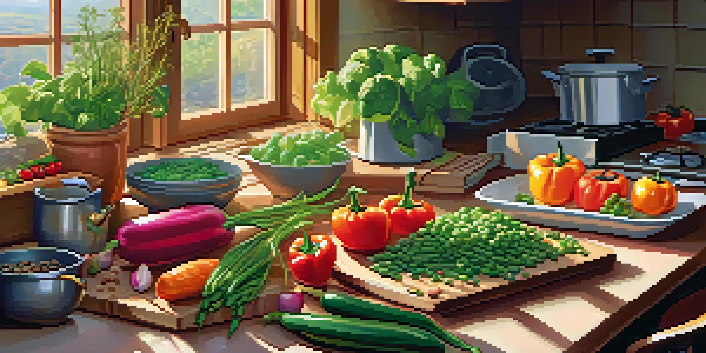 A bright kitchen with fresh vegetables, legumes, and grains on a wooden table, sunlight streaming through a window, and a simmering pot in the background.