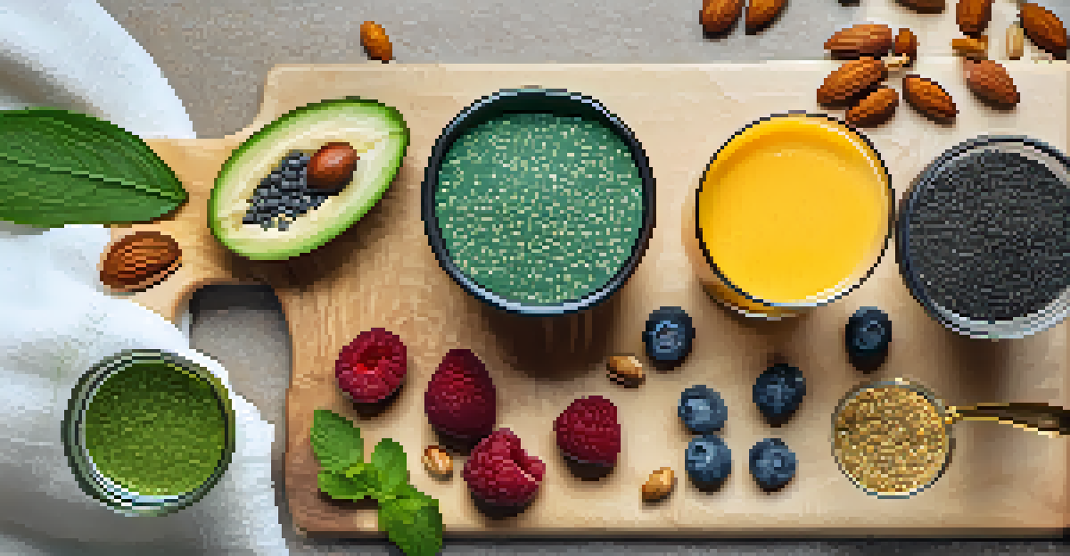 An overhead view of a cutting board with superfoods and a colorful smoothie topped with fruits and nuts.