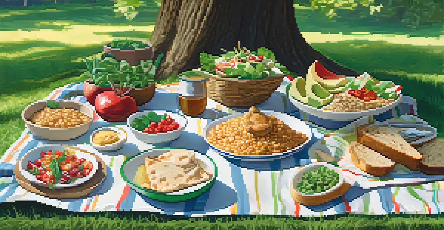 A picnic blanket on green grass with a variety of plant-based dishes, surrounded by trees and sunlight.