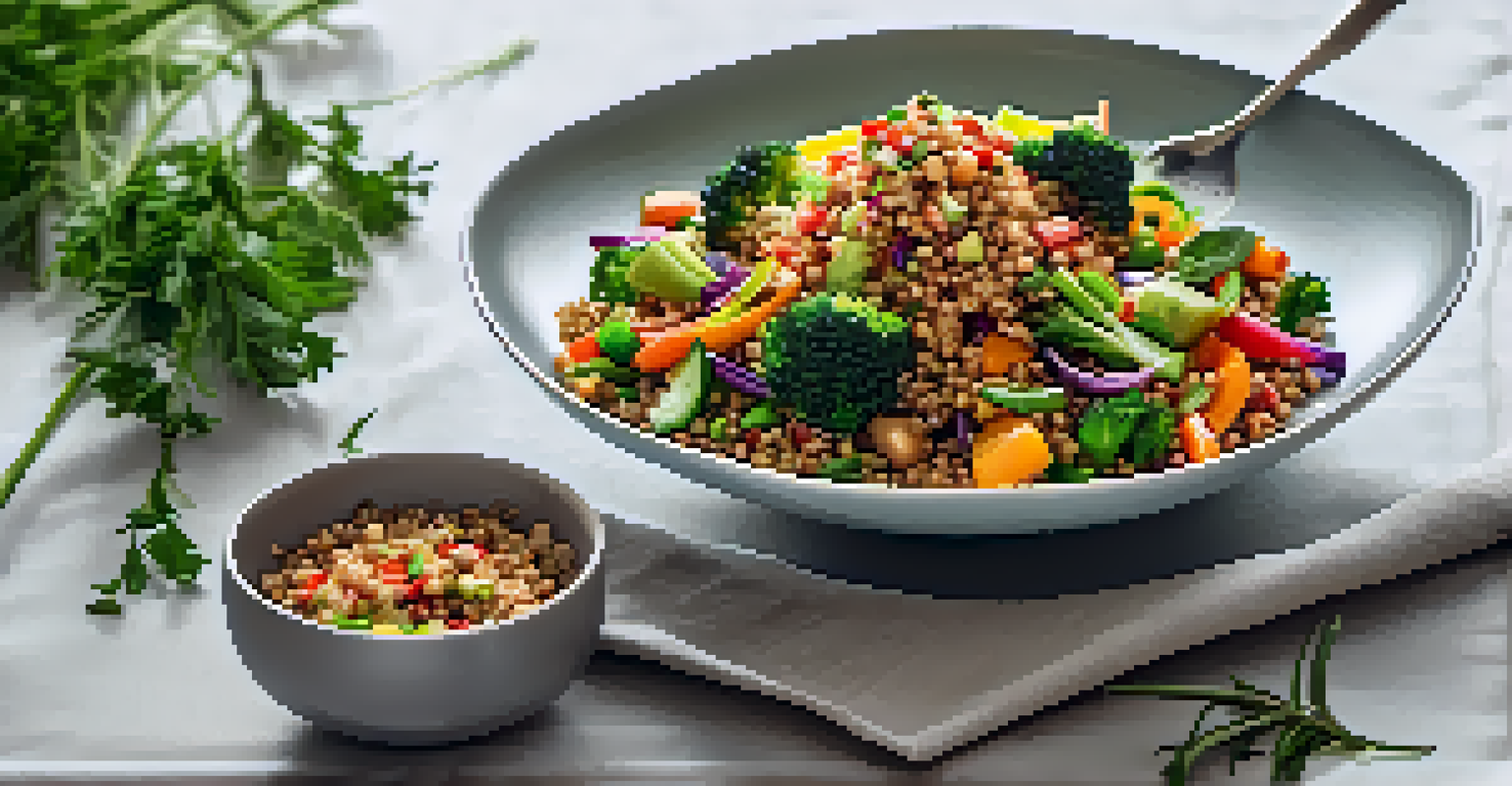 A close-up of a beautifully plated vegan stir-fry with vegetables and quinoa, garnished with herbs on a white tablecloth.