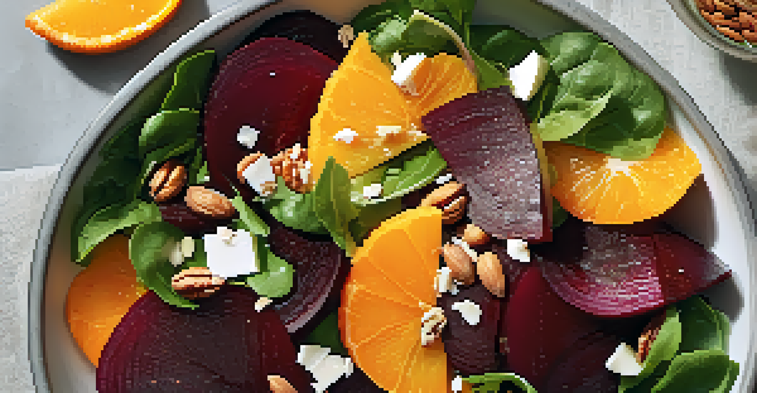 An overhead view of a salad with beets, oranges, and mixed greens in a bowl.