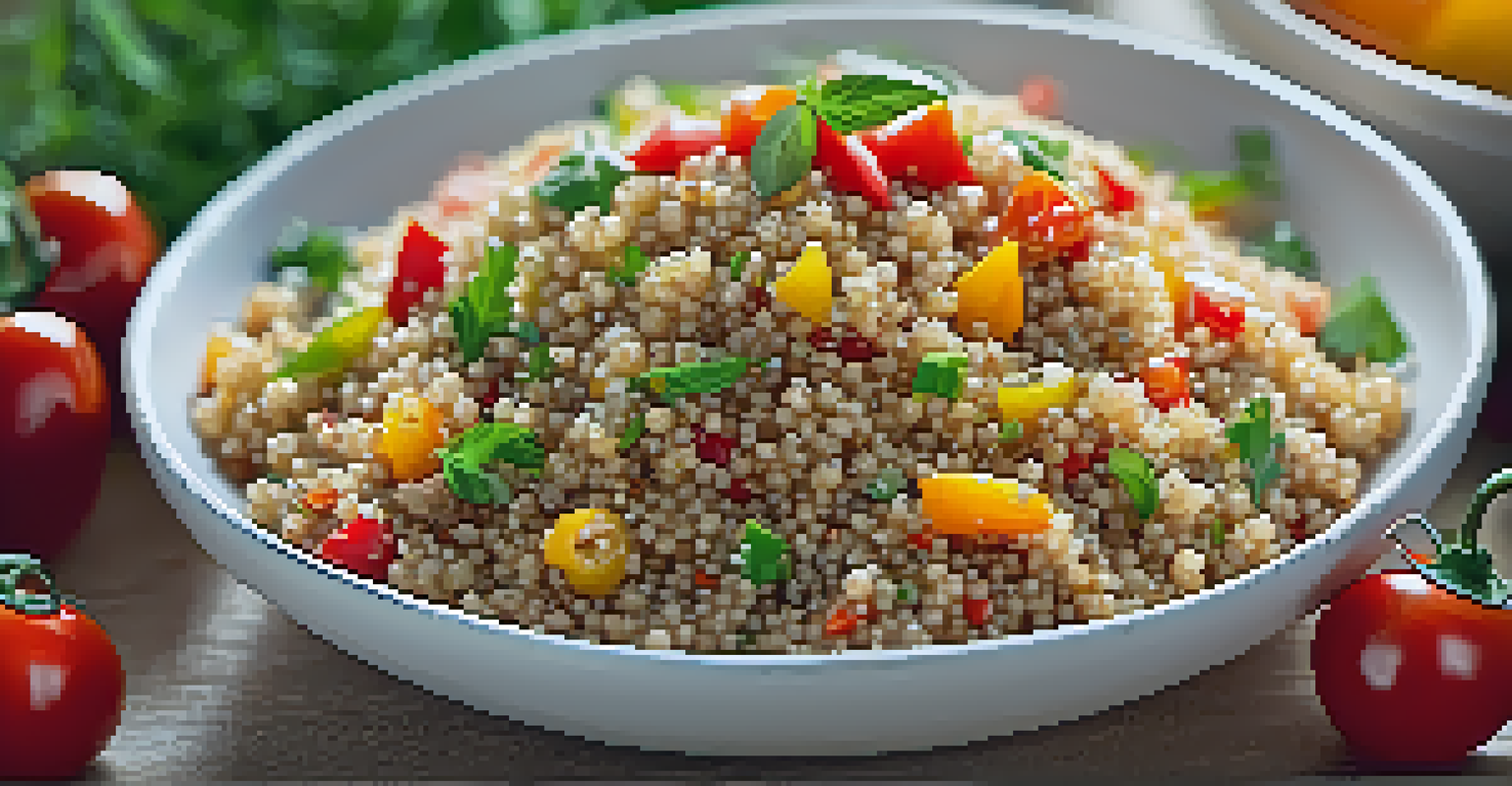 A close-up view of fluffy cooked quinoa in a white bowl, decorated with herbs and diced vegetables, set on a wooden surface with sesame seeds around it.