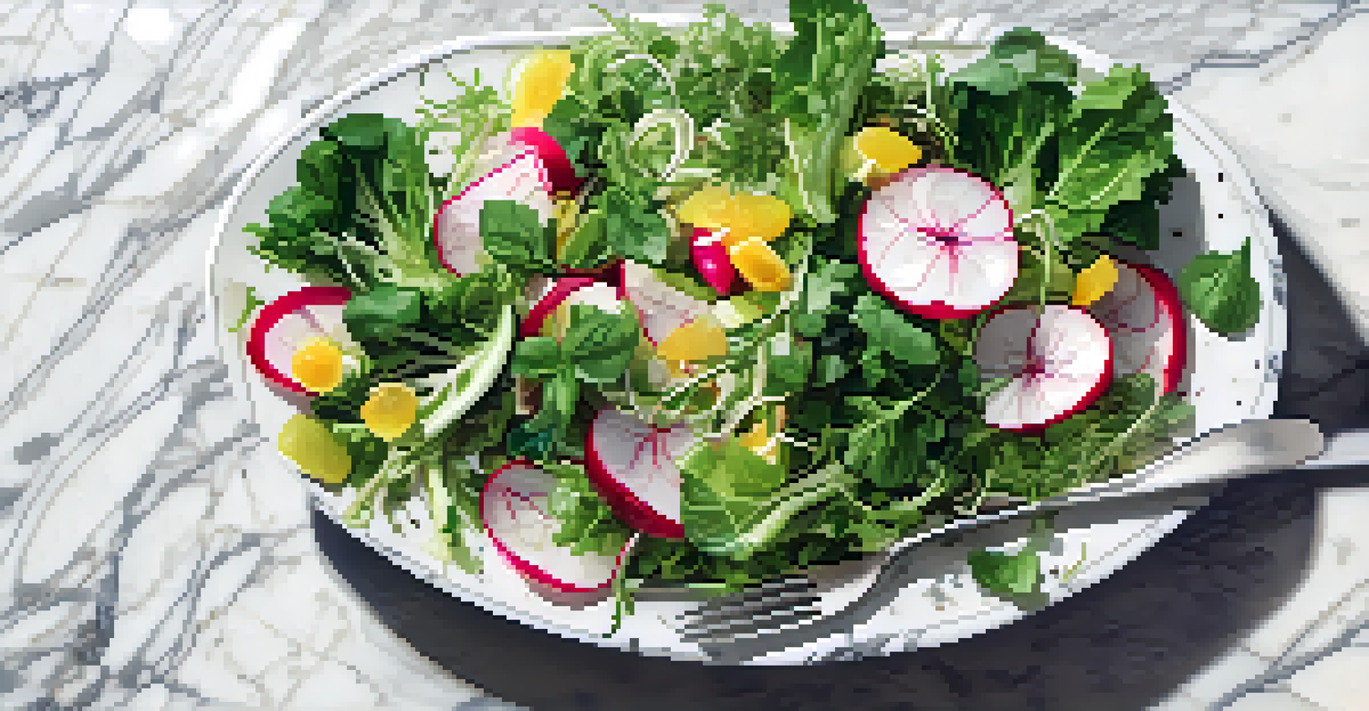 An overhead view of a vibrant vegetable scrap salad in a bowl, with herbs and a small jar of dressing on the side.