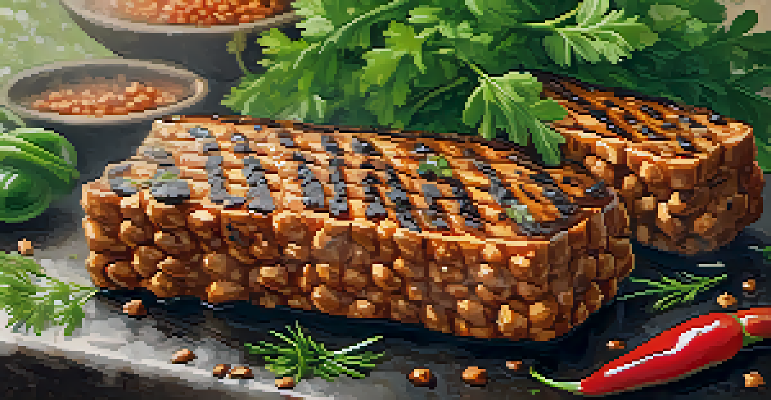 Grilled tempeh on a barbecue with smoke, garnished with herbs and spices, showcasing its golden-brown color.