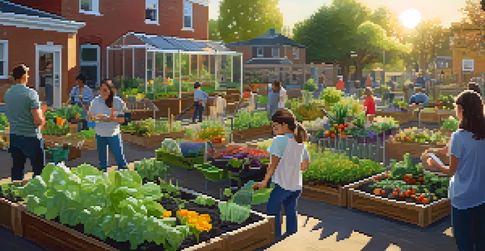 A colorful community garden with various plants and flowers, featuring people working together in the sunlight.