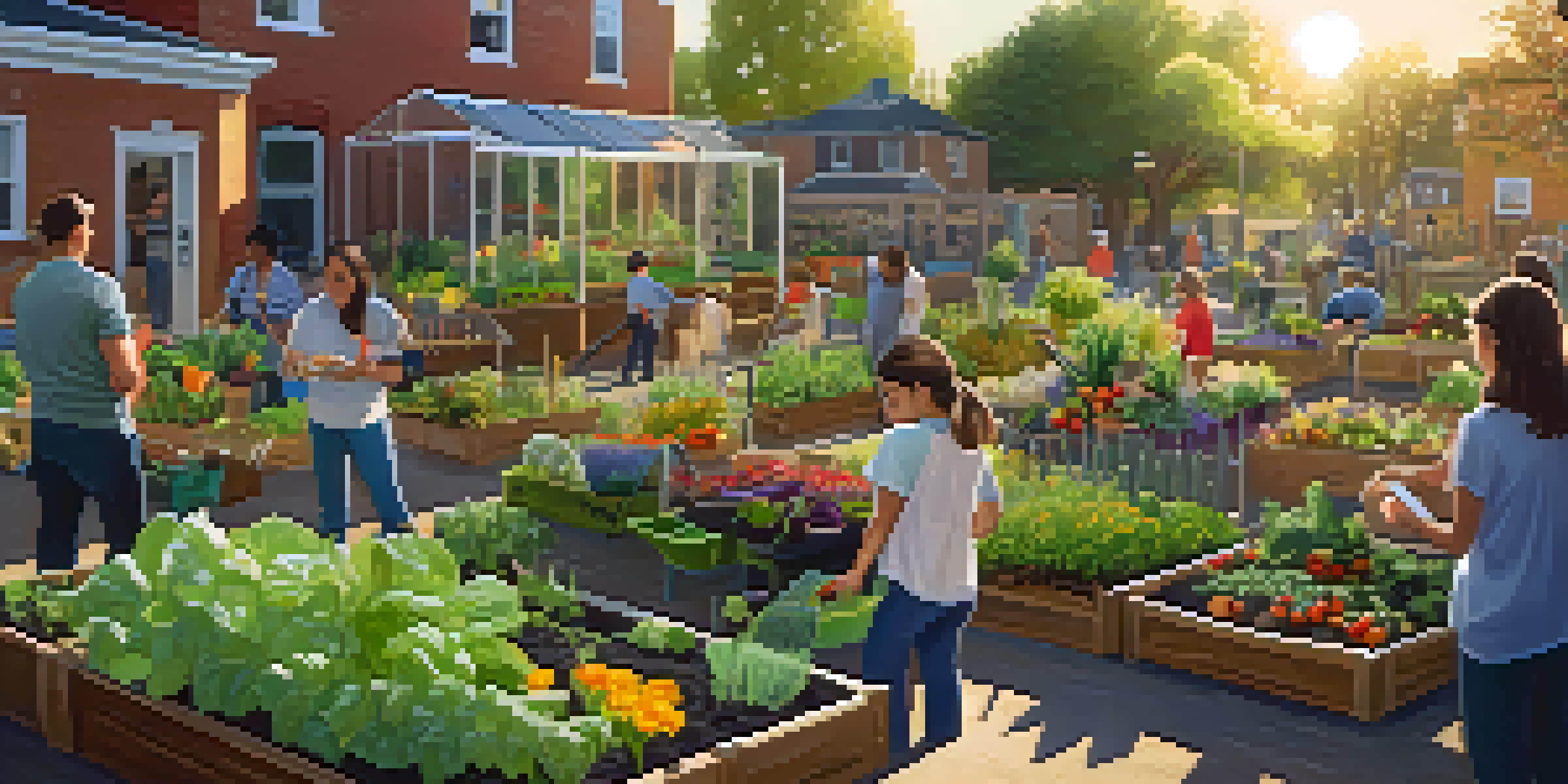 A colorful community garden with various plants and flowers, featuring people working together in the sunlight.