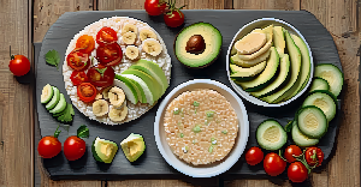 An overhead view of rice cakes topped with hummus, avocado, and nut butter, arranged on a rustic wooden surface.