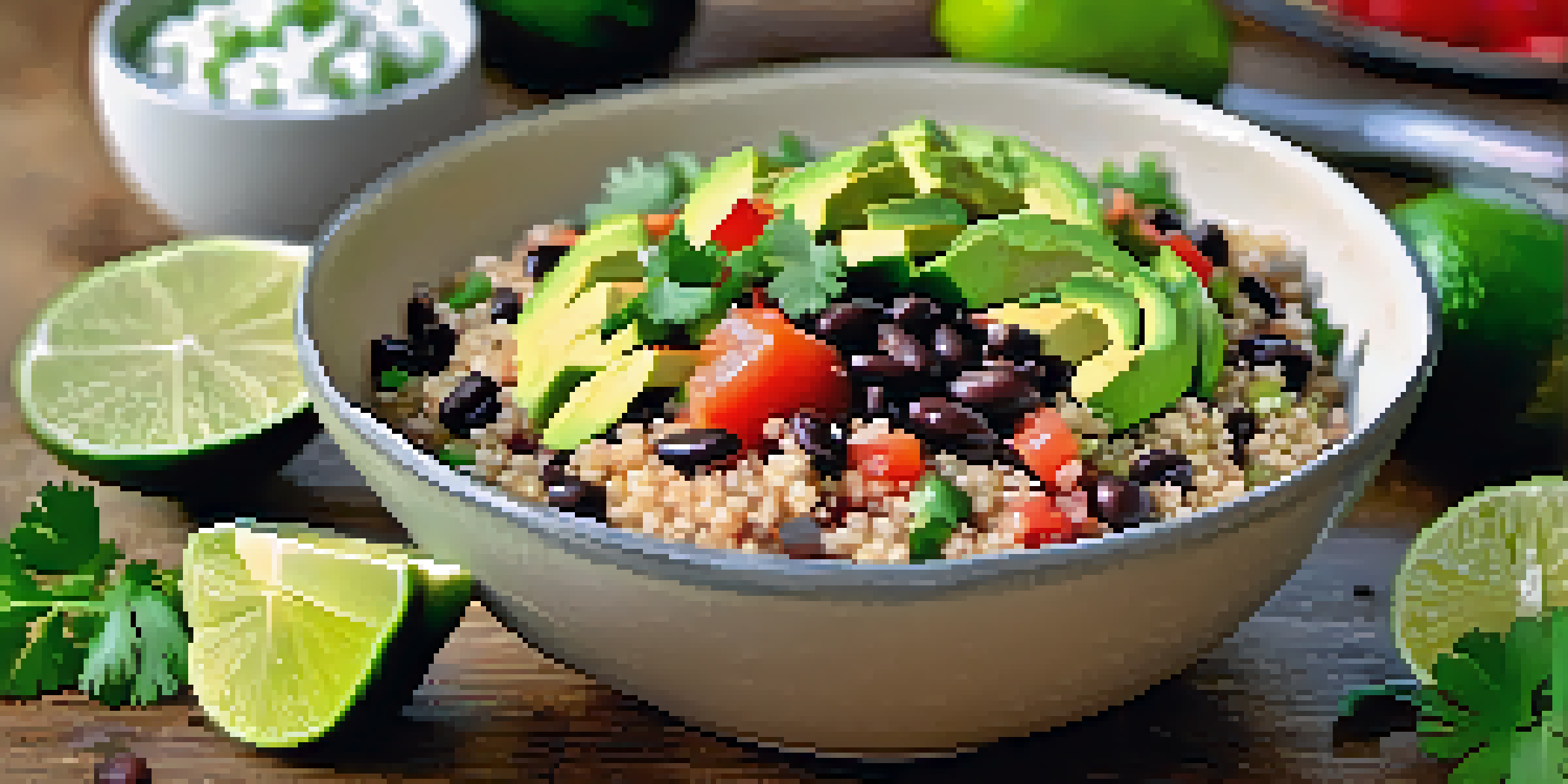 A colorful vegan meal in a bowl with quinoa, black beans, avocado, and salsa, arranged on a wooden table with fresh ingredients around.
